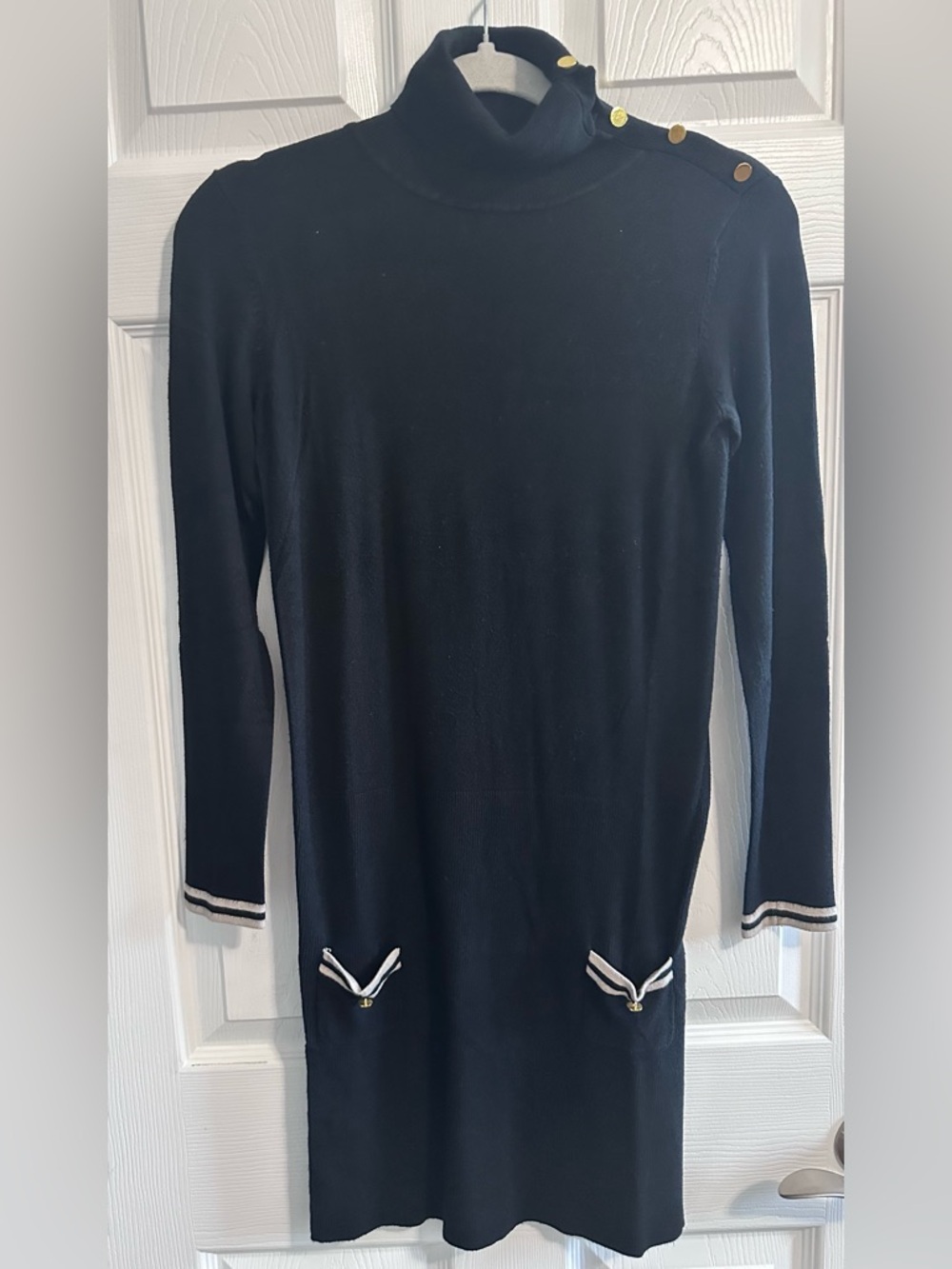 Black Crewneck Knit Dress with Striped Pocket Accents